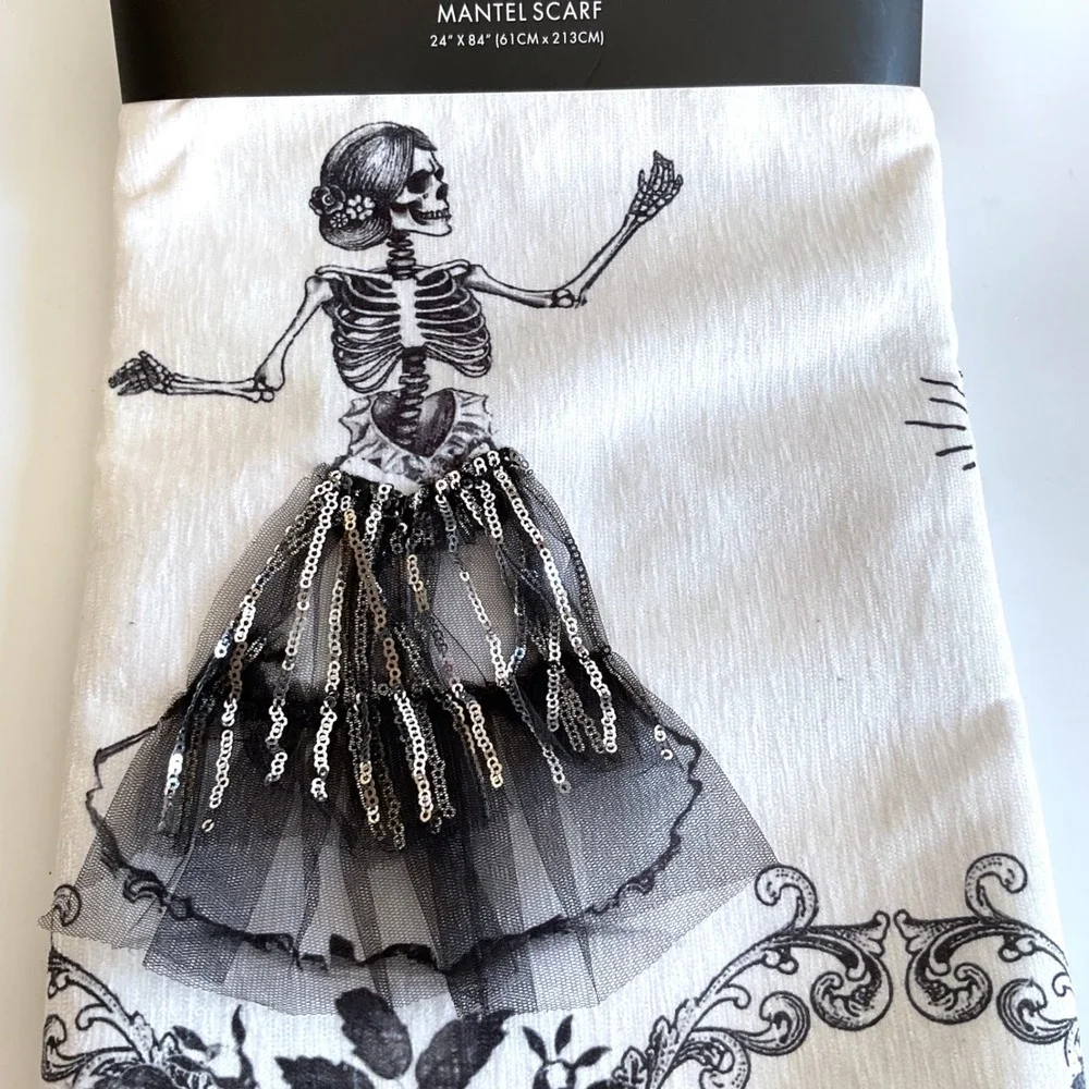 Tahari Home Halloween Mantel Scarf 24x84 Day of the Dead Black White Lace Trim